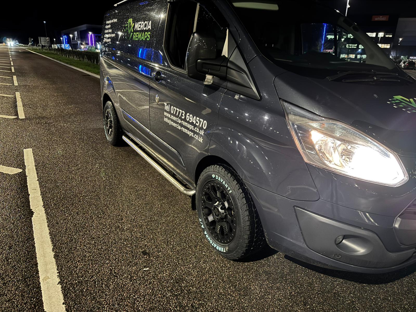 The Mercia Remaps liveried Ford Transit Custom mobile remapping van, showing the phone number 07773 694570