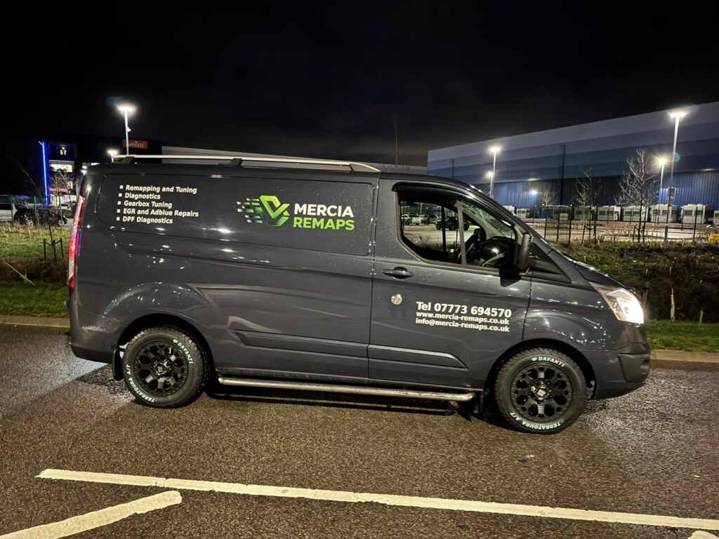 The liveried Mercia Remaps van, signwritten for remapping and tuning, diagnostics, gearbox tuning, EGR and AdBlue repairs and DPF diagnostics.